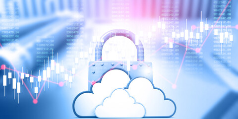 Cloud security concept on stock market graph background. 3d illustration.