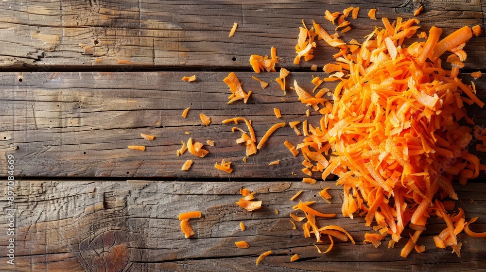Poster a rustic wooden surface topped with a pile of freshly shredded carrots creates a colorful and vibran