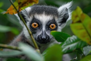 Curious Lemur Peering Through Leaves