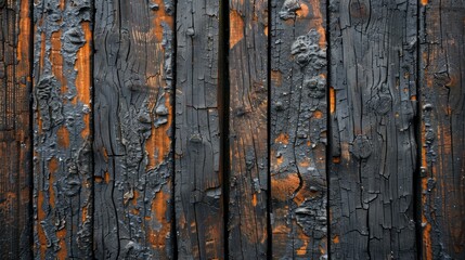 Fototapeta premium A detailed view capturing the charred remnants of a wooden wall after a fire ravaged through