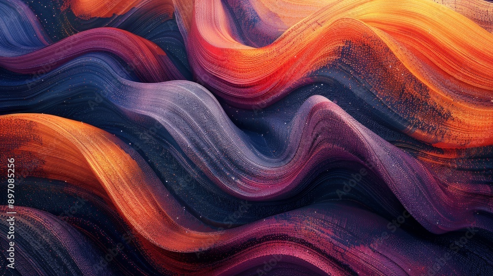 Poster the abstract wavy pattern features vibrant deep hues of orange, purple, and blue, creating a dynamic