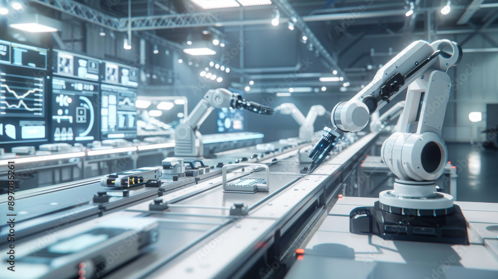 Poster a high-tech factory with robotic arms working on circuit boards