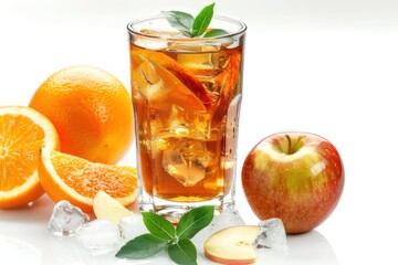 Delicious Apple Juice in Glass with Ice Cubes, Fruit Slices on White Background