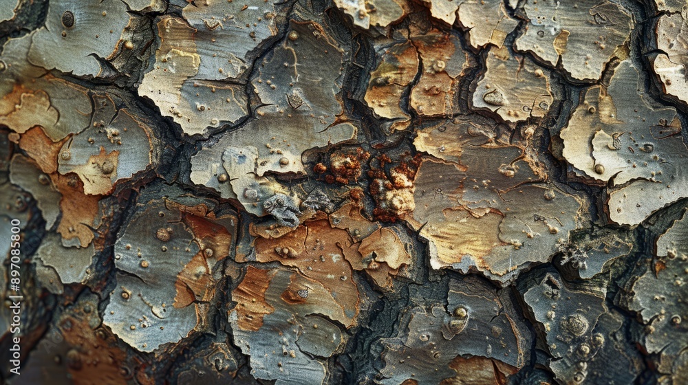 Poster an upclose image capturing the detailed texture of a tree's rugged and weathered bark