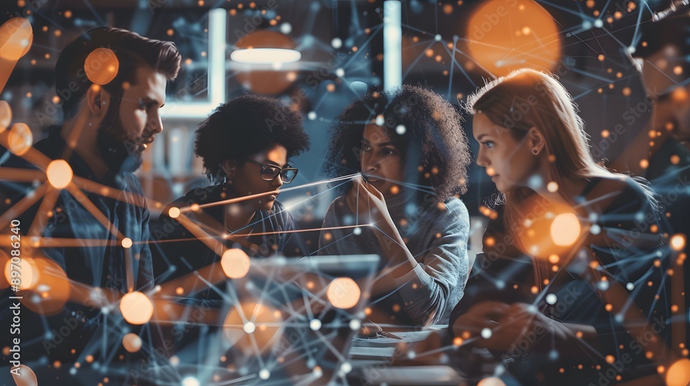 Poster a diverse group of team members interacting in a digital workspace, their relationships visualized b