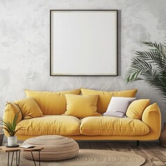 Scandinavian Inspired Living Room: Sofa with Yellow Pillows Near Wall with Frame in Modern Country Interior Design