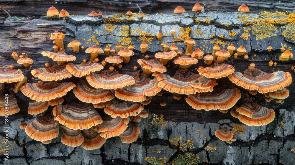 Poster colorful shelf fungi are proliferating on a decaying log, creating a beautiful and vibrant display i