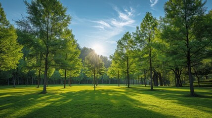 Obraz premium The lush green trees in the beautiful arboretum park in sochi stand tall under the clear blue sky
