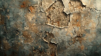 Fototapeta premium Detailed closeup image showcasing a weathered brick wall with peeling paint, revealing its aged texture