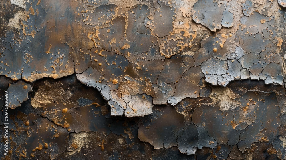 Poster the weathered metal surface displayed intricate cracks and deep fissures running throughout