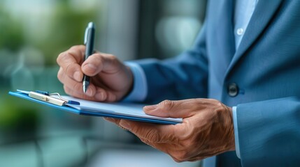 Obraz premium Closeup of hands holding a pen and notepad, business professional taking notes, photorealistic, conference attendance
