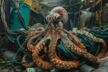 Obraz premium Marine animals tangled and surrounded by garbage at the bottom of the sea.
