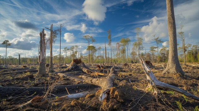 A forest with dead and dying trees, suffering from an infestation caused by climate change, affecting biodiversity.