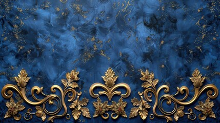 Intricate gold filigree on deep blue velvet texture, luxury 3D background, royal sophistication