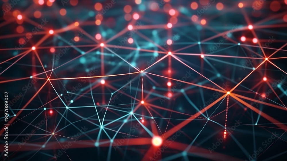 Poster a futuristic business network with interconnected nodes and glowing lines forming a web, symbolizing
