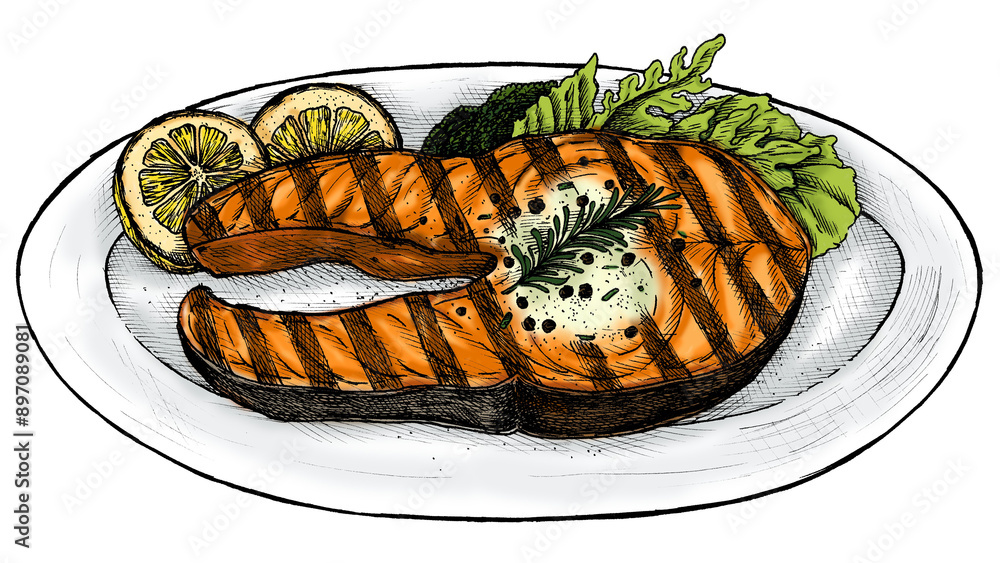 Poster Colorful salmon steak png transparent.