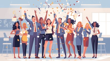 Obraz premium Celebrating Workplace Success: Illustration of diverse workers joyfully celebrating achievements, embodying teamwork