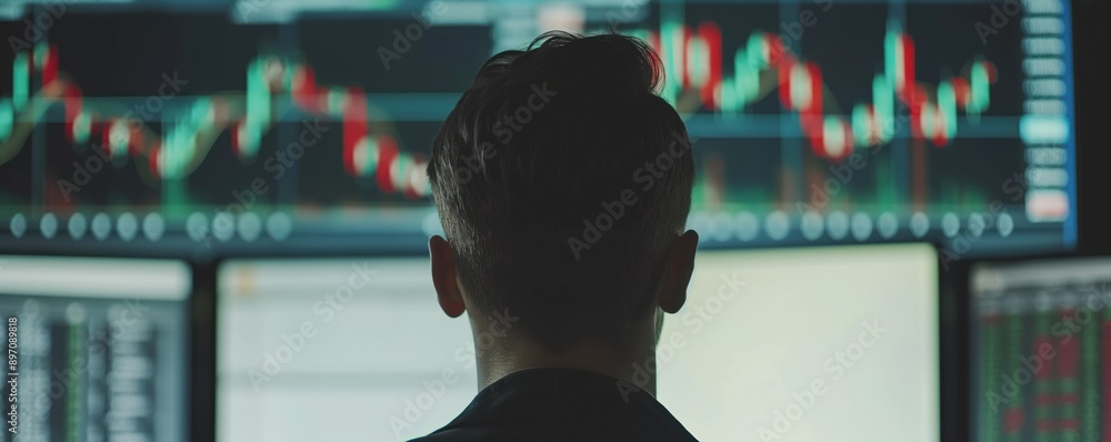 Poster businessman observing market charts. financial analyst reviewing data on monitors. trader analyzing 