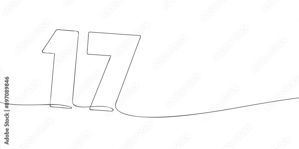 Poster a single line drawing of a seventeen symbol. continuous line seventeenth number icon. one line icon.