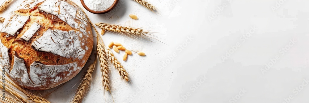 Poster a freshly baked loaf of bread made with wheat flour sits on a white background, surrounded by wheat 