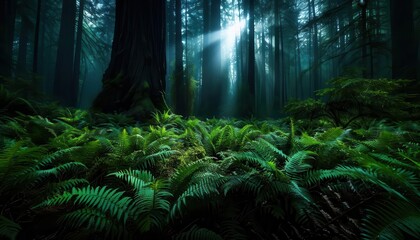 Redwood forests in the fog, an editorial photography setting that captures the mysterious and ethereal atmosphere, ideal for environmental magazines