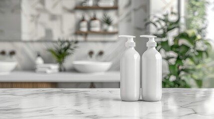 Two White Pump Bottles on a Marble Countertop in a Bathroom