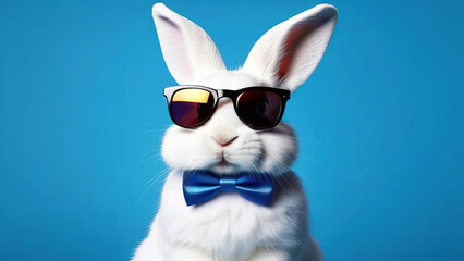 Rabbit Sporting Glasses and Bow Tie on Blue Backdrop: Chic Bunny Photography