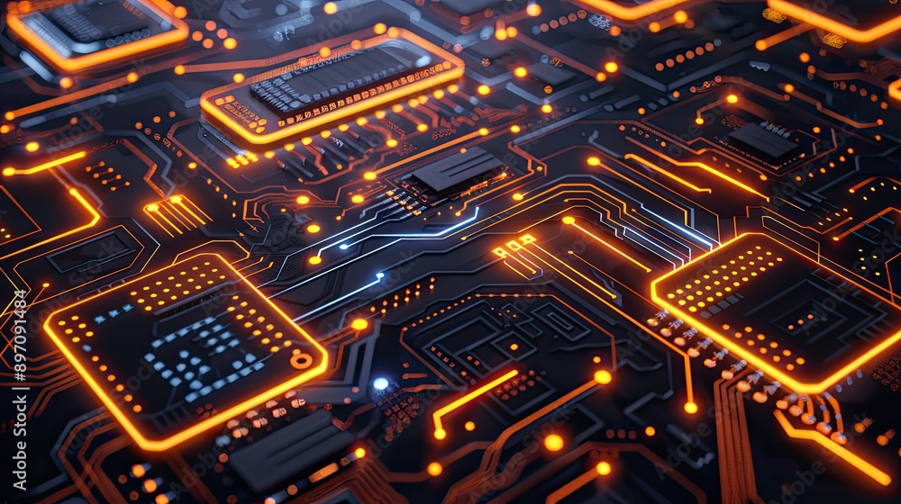 Poster abstract 3d circuit board with digital elements and glowing highlights