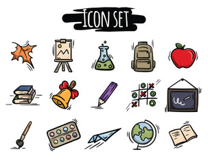 Bright vector icon set of school, education, autumn, school subjects and tools. Signs and symbols drawn by hand. Pictograms for designing a website, application, posts on social networks