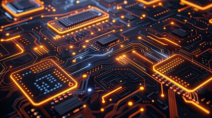 Obraz premium Abstract 3D circuit board with digital elements and glowing highlights