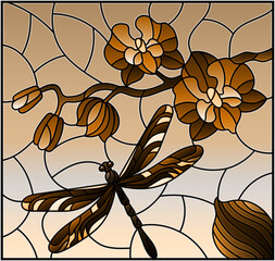 Illustration in stained glass style with a branch of Orchid and dragonfly on a sky background, tone brown