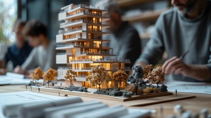 Architectural Team Working on Building Model. Team of architects collaborating on a detailed model of a modern high-rise building, showcasing teamwork and innovative architectural design.