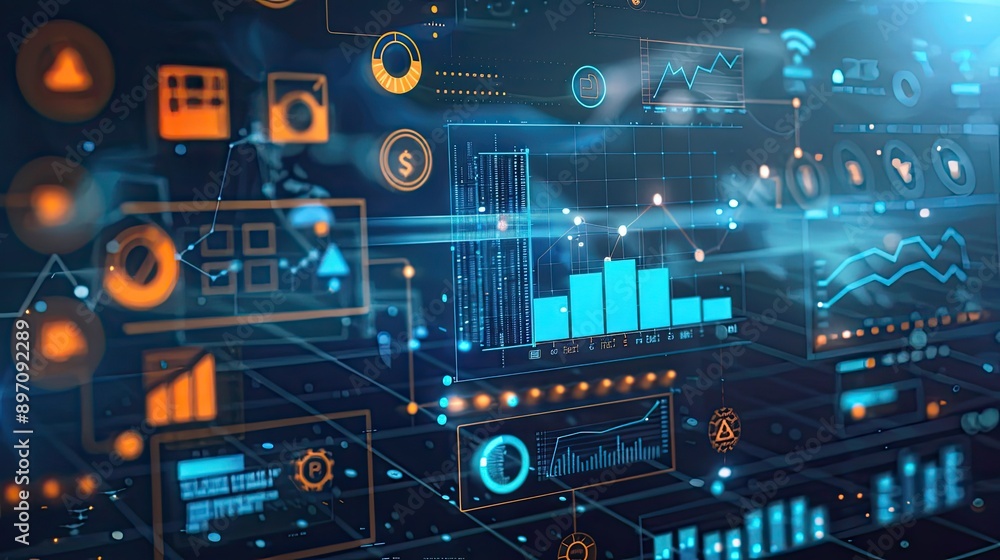 Poster digital marketing concept with data visualizations and icons