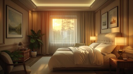 luxury and spacious hotel room interior with a big cozy bed and sot lightning