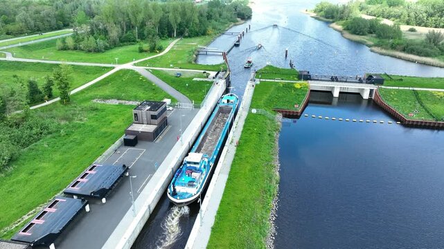 Aerial view on the new Reevesluis locks in the Drontermeer between Flevoland and Gelderland, Netherlands with a freight ship and other boats in the lock.