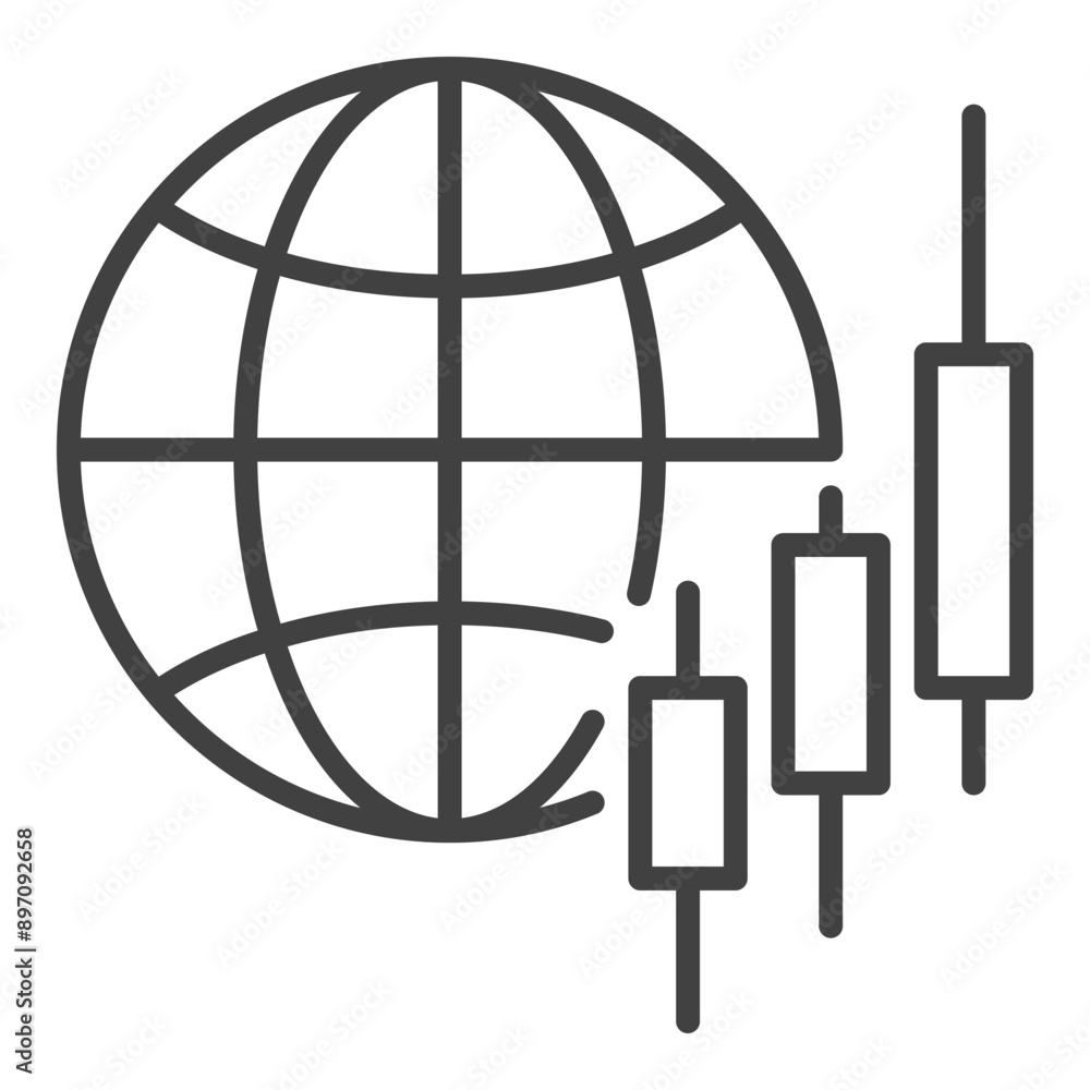 Poster earth globe with candlestick chart vector icon or symbol in thin line style