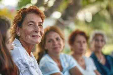 Fototapeta premium Group of individuals participating in a diabetes awareness workshop, discussing healthy lifestyle changes, outdoor setting, Portrait close-up, hyper-realistic, high detail, photorealistic