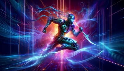 Neon Vanguard: A Cybernetic Warrior in the Digital Abyss