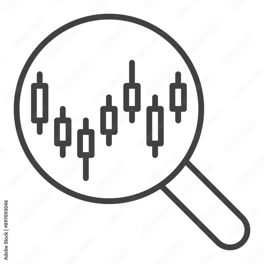 Poster magnifying glass and candlestick chart searching vector magnifier outline icon or design element