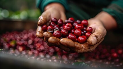 An up-close view of a farmer's hands holding ripe, freshly harvested coffee cherries, showcasing the earthy and authentic atmosphere of a coffee plantation and the dedication of farmers.
