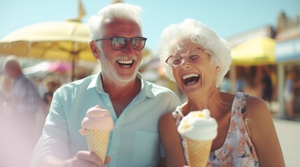 Beautiful sweet happy retired gray haired senior couple laughing, smiling, and eating ice cream in amusement park during festival.