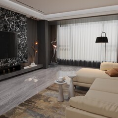  Render of wood mushroom coffee table in the living room