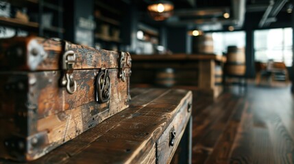 A rustic wooden chest is showcased in a cozy and warm cafe setting, surrounded by wooden decor and a comfortable atmosphere, evoking a sense of nostalgia and charm.