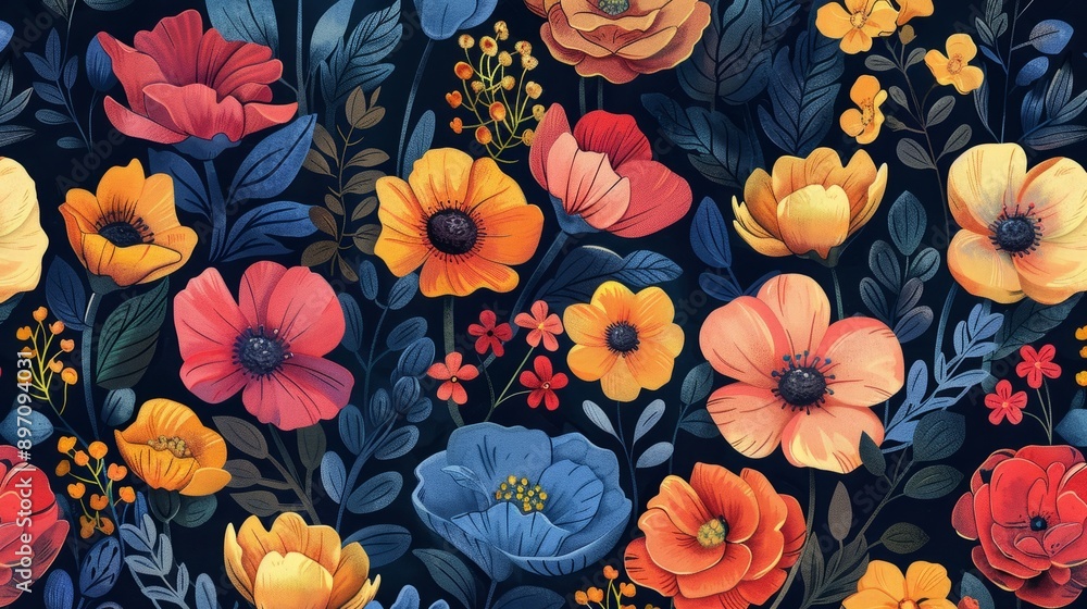 Poster dark background featuring a colorful floral seamless pattern adds an elegant touch to any design