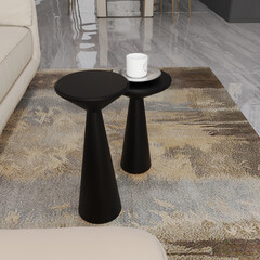  Render of wood mushroom coffee table in the living room. grey, black walls living room 