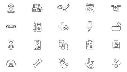 Veterinary, pet, vet, pet shop, dog care, training, cat, food line icons set collection. Outline icon collection. Pets line icons. Lovely animals icon pack. Animal editable stroke icon set.
