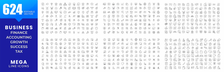 Big Business line icons mega collection. Growth, business, finance, success, tax, money, target, company, profits, and accounting big UI icon set, Thin outline icons pack.