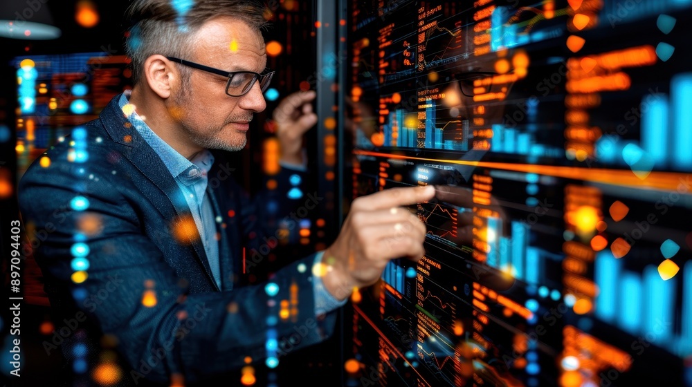 Poster businessman analyzing data on large screen with digital graphics, focusing on technology, innovation