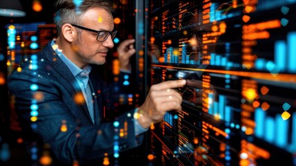 Businessman analyzing data on large screen with digital graphics, focusing on technology, innovation, and data analysis.