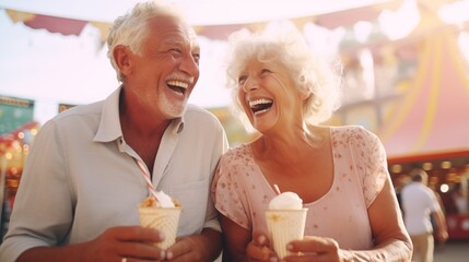 Beautiful sweet happy retired gray haired senior couple laughing, smiling, and eating ice cream in amusement park during festival.